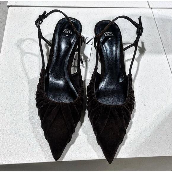 ZARA Velvet Slingback Kitten Heels NWT β Brown Ruched Pointed Toe, Size 7.5 - Picture 7 of 16